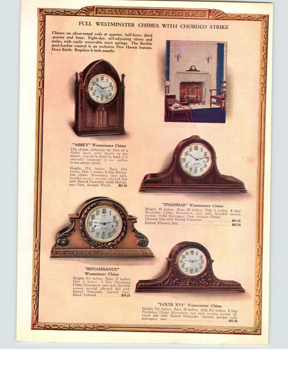 1929 PAPER AD New Haven Full Westminster Chimes Mantel Clock