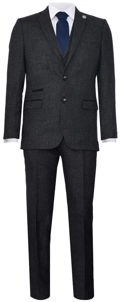 Mens Black 3 Piece Tweed Suit Herringbone Wool Vintage Retro Peaky Blinders - Image 3 of 4