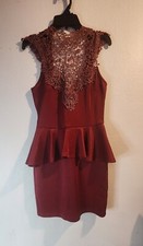 Windsor Mini Dress Size S Burgandy Floral Lace with Gold Crew Neck Sleeveless