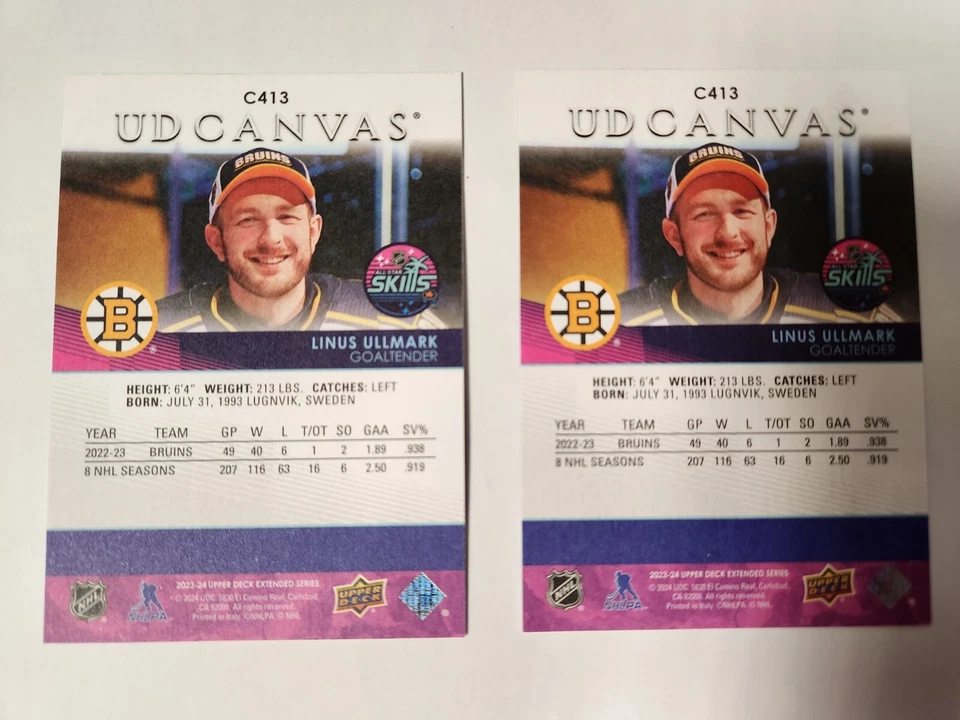 2023-24 Upper Deck Extended Series #C413 Linus Ullmark UD Canvas 2x Card Lot - Image 2 of 2
