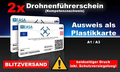 MARKENLOS 2x Licencia de conducir de drones de la UE A1/A3 tarjeta, prueba de competencia, formato de tarjeta de cheque