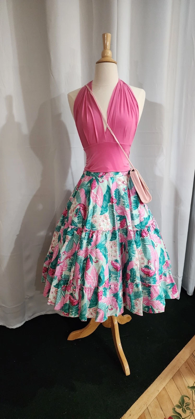 Bettie Page PINK FLAMINGO Full Circle Skirt 3 Tier Ruffle & Pink Halter top