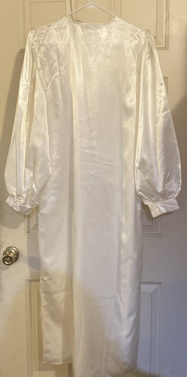 Adonna Satiny Shiny Maxi Nightgown Sz Small Long Sleeves Lace Trim Cream Bridal