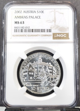 2002 AUSTRIA SILVER 10 EURO S10E AMBRAS PALACE NGC MS 63 SMOOTH LUSTER