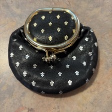 Vintage Black Leather Coin Purse Gold/Silver Print With Kiss Lock