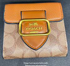 Coach Signature Folding Wallet Credit Card Holder Brown Tan Logo Buckle