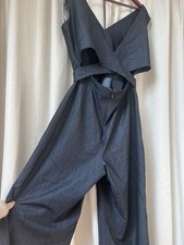 139 Calvin Klein jumpsuit 8 navy denim Cross Back Knotted Belted Wideleg