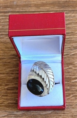 Navajo Sterling Silver Statement Ring with Black Onyx Stone & Leaf!! Sz 9! 19G!!