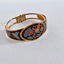 Vintage Cloisonne Enamel Clamp Bangle Bracelet Black  Gold Floral Butterfly