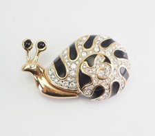 Vintage Luccicante Smalto Nero Cristalli Lumaca Pin Autentico Cigno Swarovski