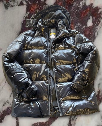 100% Down FEATHER FILL Down PUFFER JACKET Winter Coat Shiny Black Hood M