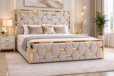 Luxury Gold Trim Upholstered Bed Frame Tufted Headboard Modern King/Queen Bed