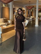 ZARA BNWT 2025. CHOCOLATE DRAPED CONTRAST TULLE MIDI DRESS. 4772/252/717 SIZE M