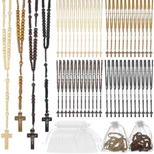 48 Pcs Wooden Bead Rosary Necklaces with Cross & Bags | Catholic First Commun...