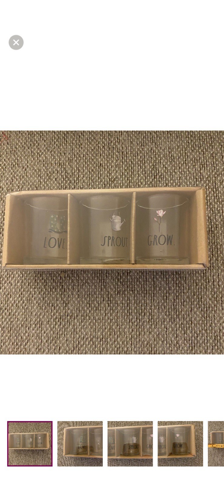 Rae Dunn by Home Essentials 3 Mini Glass Votive Candle Holders LOVE SPROUT GROW