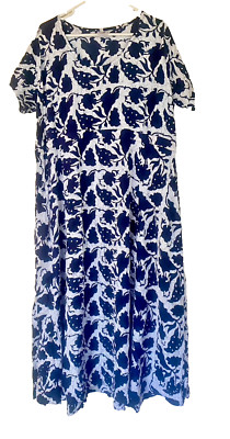 Las Manos 100% Rayon Indonesia Hippie Boho Navy Blue & White Tie Maxi Dress  1x