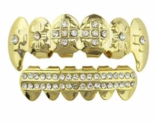 14K Gold Plated Lab Diamond Mouth Teeth Grills Grillz Set Cross Fangs w Mold Kit
