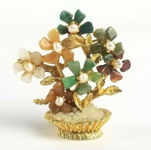 Swoboda Semi Precious Gemstone Brooch Flower Basket Pin Clip On Earrings Vintage Demi Parure