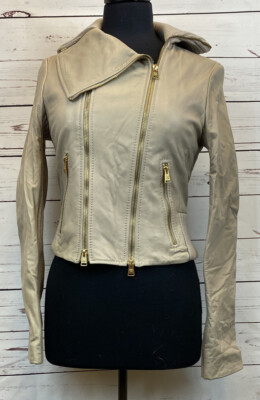 BCBG Maxazria Leather Double Zipper Tan Desert Bomber Jacket Coat 