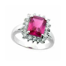 925 Silver Rectangle Lab Created Pink Sapphire  CZ Ring Size 6