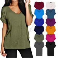 Women Baggy Oversized Loose Fit Turn up Batwing Sleeve Ladies V Neck Top T shirt