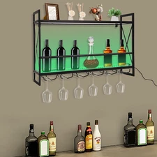 2-Tier Bar Cabinet Wine Liquor Storage Display Rack W/ LED Light &6 Glass Holder
