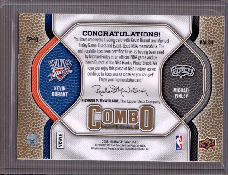 KEVIN DURANT MICHAEL FINLEY 2009-10 SP Game Used 3-Clr Patch #CP-FD Gold #24/99 - Image 2 of 2