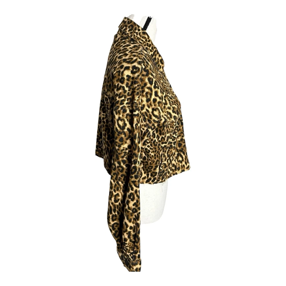 Forever 21 Leopard Print Cropped Raw Hem Distressed Jean Jacket Size Medium - Image 3 of 4