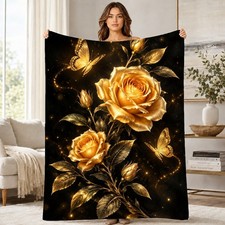 Golden Roses With Butterflies Coral Fleece Blanket Floral Decor