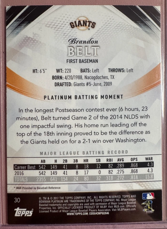 2017 Bowman Platinum Brandon Belt #30 San Fransisco Giants MLB Baseball - Image 2 of 2