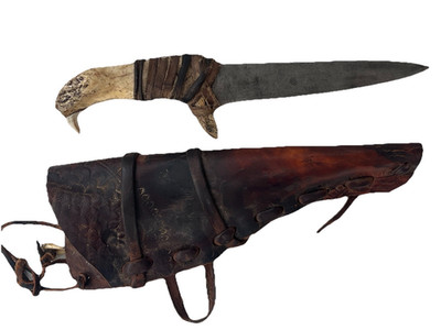 Apache Style Jaw Bone Knife (Reproduction) Handmade Leather Sheath13''L