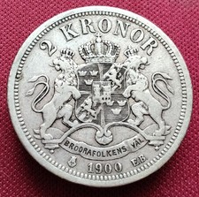 1900 SWEDEN 2 KRONOR SILVER OSCAR II COIN