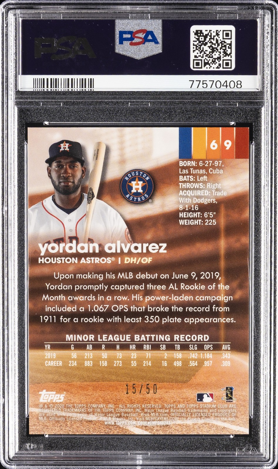2020 STADIUM CLUB CHROME GOLD REFRACTOR YORDAN ALVAREZ ROOKIE RC 15/50 PSA 10 view 2