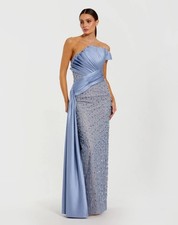 Mac Duggal 11909 Blue Beaded Lace Column Gown with Satin Sash Sz 8 NEW