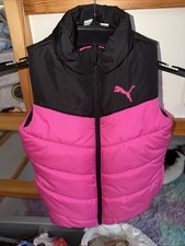 PUMA Kids Puffer Vest Pink Black Full Zip Youth XS 5/6 Sleeveless Jacket Used