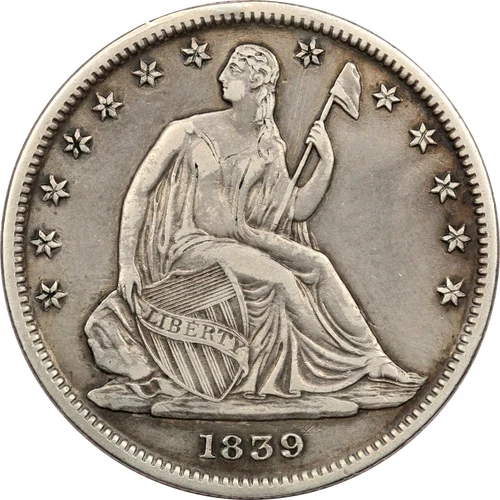 1839 Drapery Seated Liberty Half Dollar 50C, Extremely Fine XF, Tooled