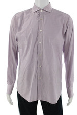 Canali Mens Point Collar Blue Check Cotton Dress Shirt Long Sleeve Size L