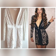 L'ATISTE NEW White Lace Mesh Deep Plunge Long Sleeve Mini Bodycon Zippered Dress