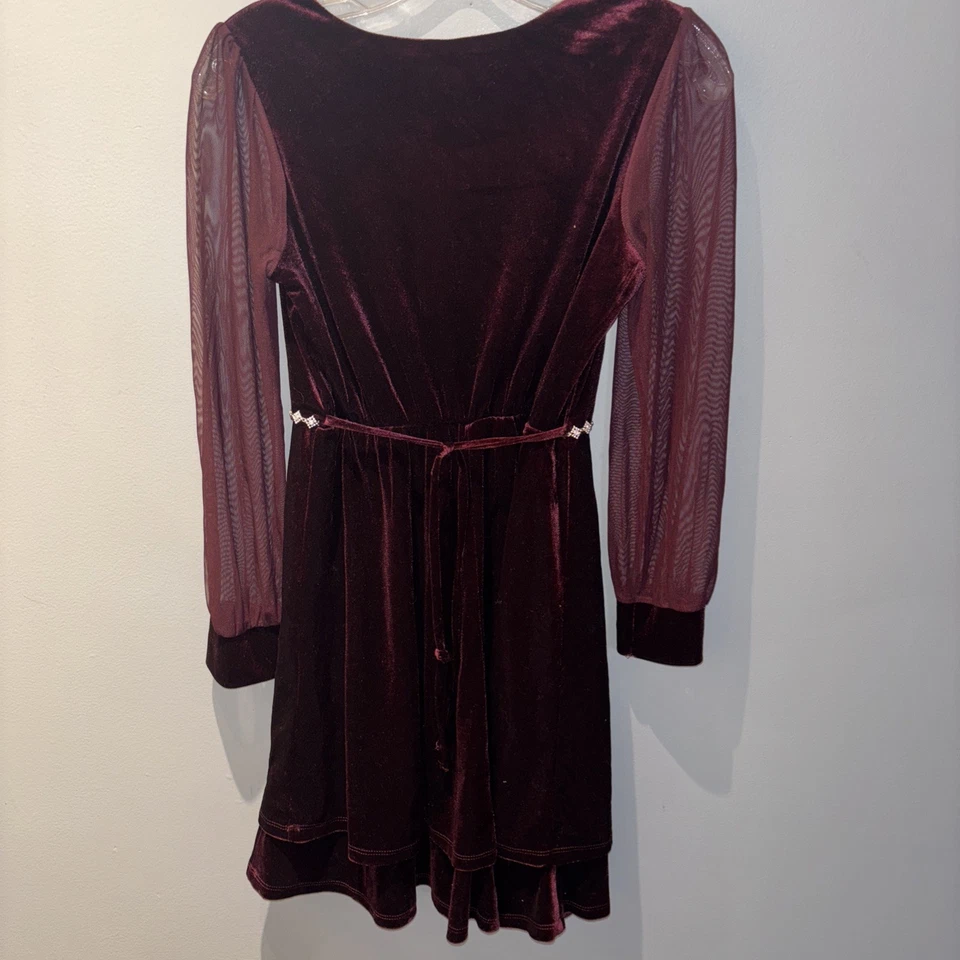 Vestido de terciopelo granate mangas transparentes sin palabras talla 16 adornos de cristal para niñas Foto 2 de 4