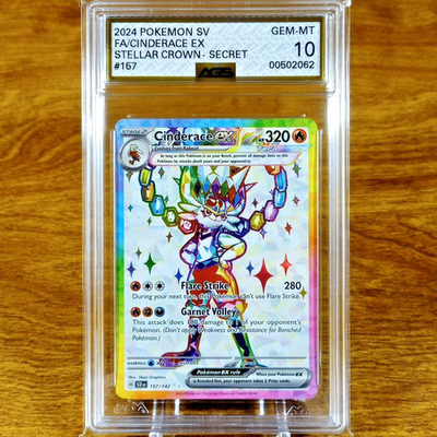 157 142 pokemon card Pokemon Stellar Crown Cinderace EX 157/142 AGS Gem-MT 10 Holo Secret Rare  2024