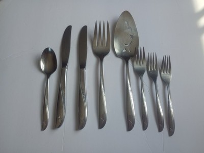 8 Vtg Oneida Community Stainless Twin Star Atomic Starburst Flatware Pie Forks 