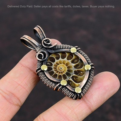 Womens day Sale Copper Pear Ammonite Fossil Stone Wire Wrapped Pendant Jewelry