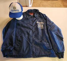 Vintage 80's Olympia Beer Its The Water Jacket Adult L & Trucker Hat Navy USA 