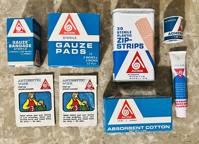 Vintage ACME First Aid Supplies (Gauze, Bandaids, Antiseptic Wipes, Cotton)
