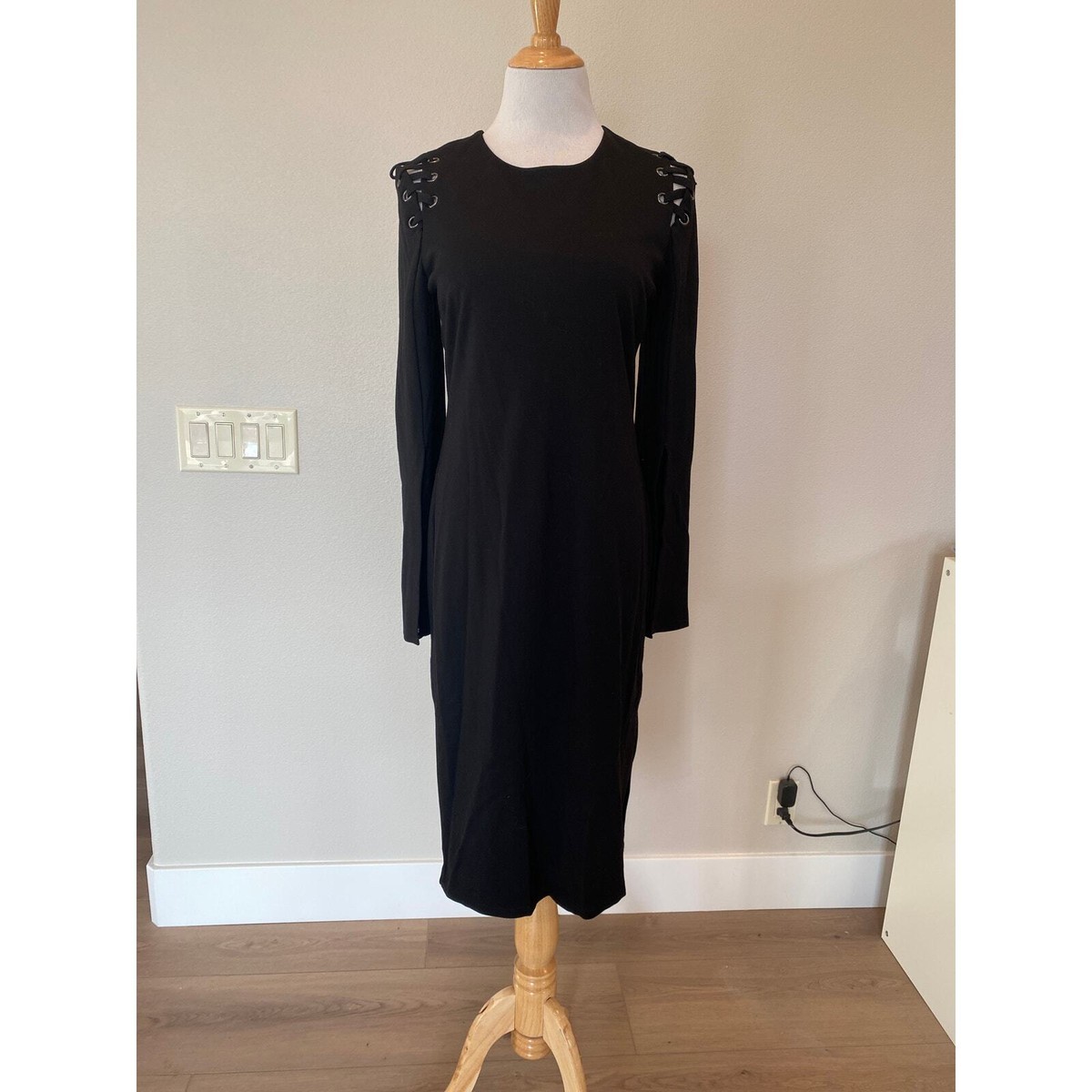 Bardot Black Dress L/S Black Grommet Lace Up Sleeve Detail size US 10 Bardot Black Dress L/S Black Grommet Lace Up Sleeve Detail size US 10