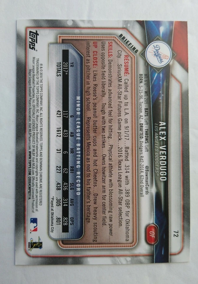 Alex Verdugo 2018 Bowman Green SP RC Rookie Card #d / 99, Boston Red Sox - Image 4 of 4