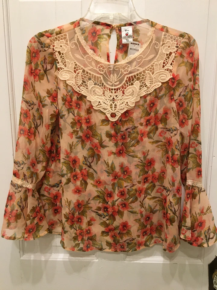 Новый с Ярлыками Lauren Conrad Disney Белоснежный цветочный полу чистый блузка размер XS кружева кокетка