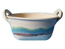 Studio Art Pottery Casserole Dish Handled Open Baker Stoneware Cream Blue Brown