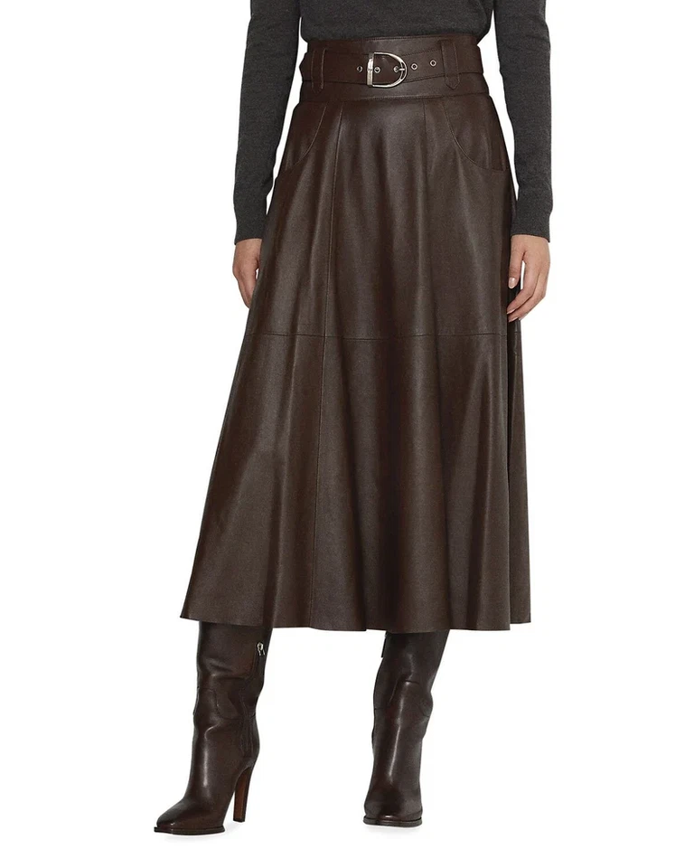 Women's Lambskin Genuine Leather Skirt Flare Long Skirt A-Line Custom Made Skirt - Image 2 of 4