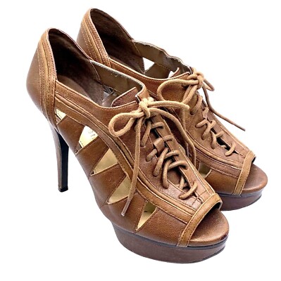 Gianni Bini Caged Booties Lace-Up Boho Open Work Lace Up 6.5 Stiletto Leather